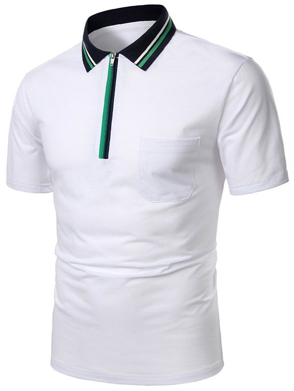 T-shirt Rayé Demi-Zip à Col Relevé avec Poche - Blanc 2XL