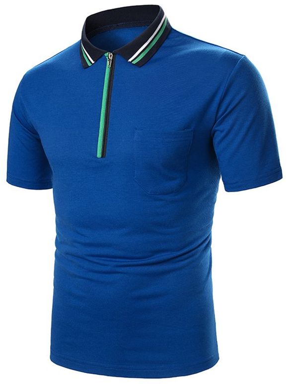 T-shirt Rayé Demi-Zip à Col Relevé avec Poche - Bleu Lierre 2XL