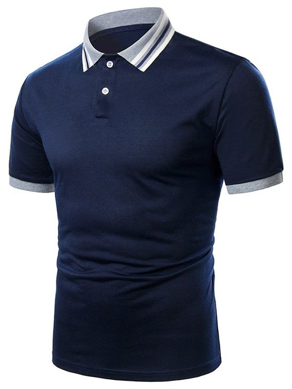 T-shirt Décontracté Rayé Manches Courtes à Col Relevé - Bleu Marine XL