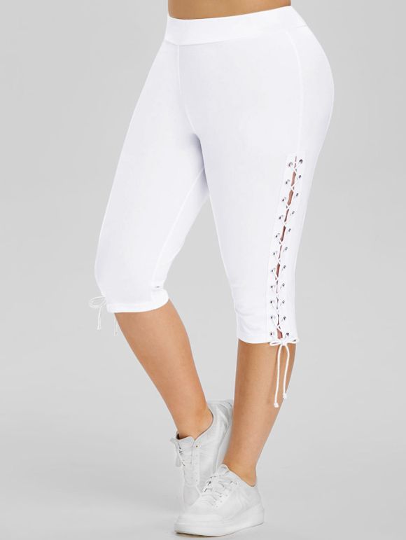 Pantalon Capri à Taille Haute de Grande Taille à Lacets - Blanc 4X