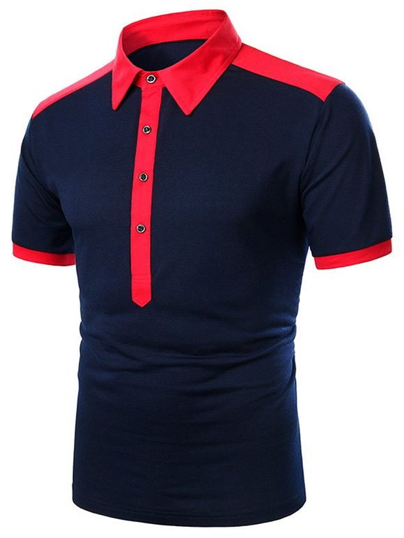 T-shirt Bicolore Boutonné Manches Courtes à Col Relevé - Rouge XL