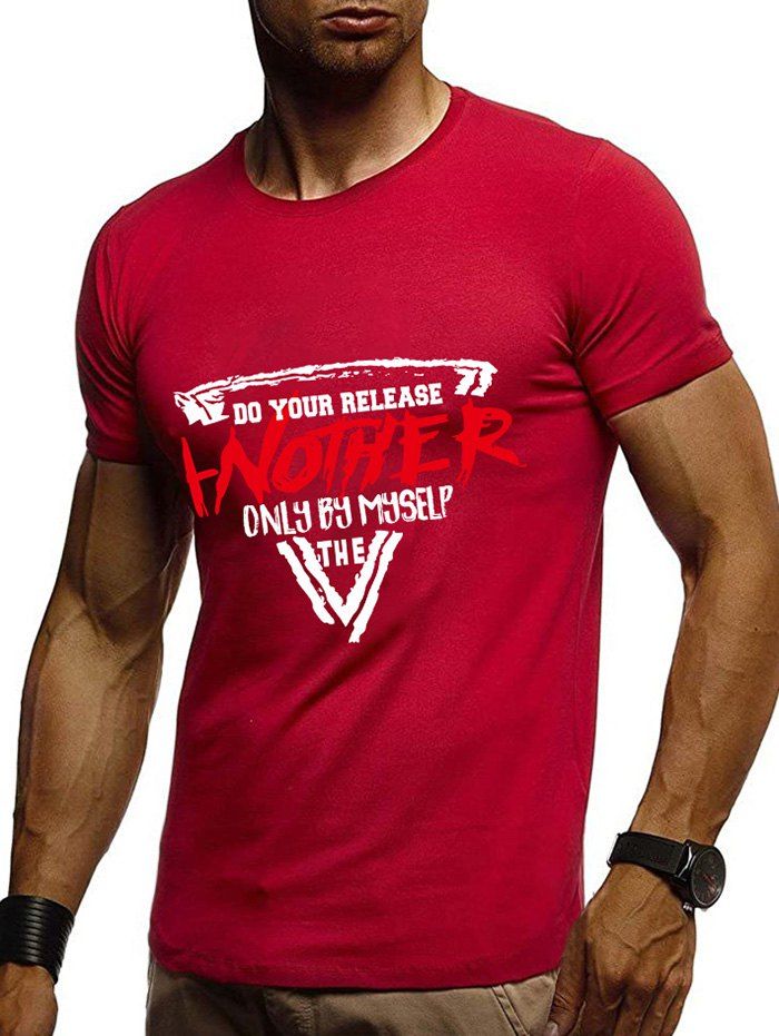 T-shirt de Base à Imprimé Géométrique et Lettre  - Rouge Lave 2XL