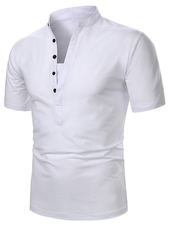T-shirt Simple Manches Courtes à Demi-Bouton à Col Debout - Blanc 2XL