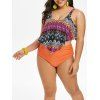 Maillot de Bain Tankini Géométrique Superposé à Taille Haute de Grande Taille à Volants - Orange 3X