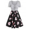 Robe à Imprimé Fleurie à Taille Haute à Cordon en Ligne A Style Gainant - Gris Clair 2XL