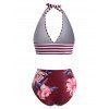 Halter Striped Floral Bikini Swimwear - RED WINE S