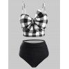 Maillot de Bain Tankini à Carreaux avec Nœud Papillon à Volants - Noir Profond S