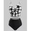 Maillot de Bain Tankini à Carreaux avec Nœud Papillon à Volants - Noir Profond 2XL