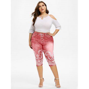 

Plus Size Cropped 3D Floral Print Jeggings, Pink