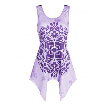 

Flower Print Lace Insert Handkerchief Tank Top, Purple