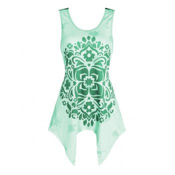 

Flower Print Lace Insert Handkerchief Tank Top, Green