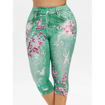 

Plus Size 3D Denim Print Peach Blossom Cropped Leggings, Medium turquoise