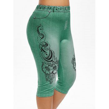 

Plus Size 3D Flower Print High Rise Cropped Jeggings, Sea turtle green