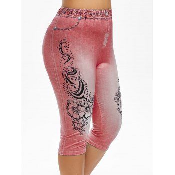 

Plus Size 3D Flower Print High Rise Cropped Jeggings, Light coral