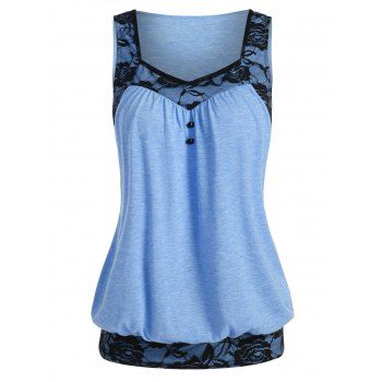 

Lace Insert Mock Button Blouson Tank Top, Light blue