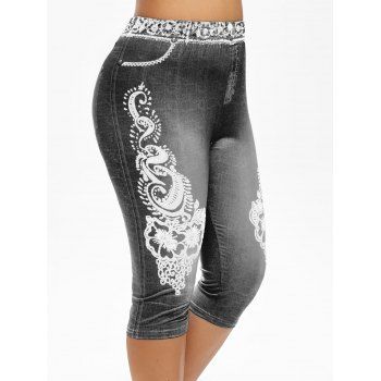 

Plus Size 3D Flower Print High Rise Cropped Jeggings, Black