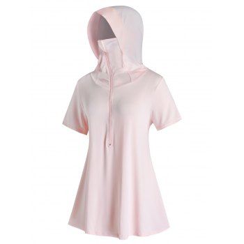 

Plus Size Face Protection Front Zip Hooded Long Tee, Light pink