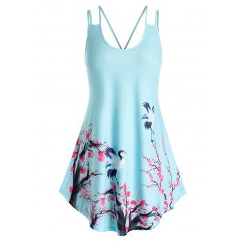 

Plus Size Plum Blossom Crane Print Tunic Tank Top, Coral blue