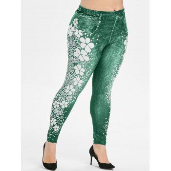 

Plus Size Floral Polka Dot High Rise 3D Jeggings, Light sea green