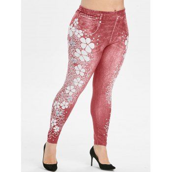 

Plus Size Floral Polka Dot High Rise 3D Jeggings, Light coral