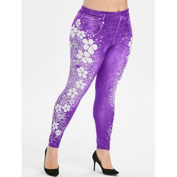 

Plus Size Floral Polka Dot High Rise 3D Jeggings, Purple flower