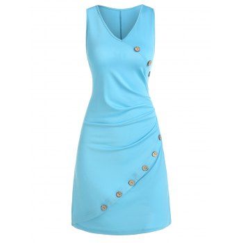 

Pure Color V Neck Sleeveless Mini Sheath Dress, Day sky blue