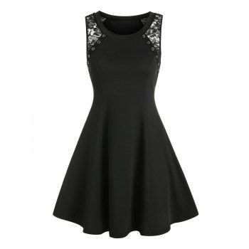 

Sheer Lace Insert Grommet Sleeveless A Line Dress, Black
