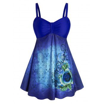 

Plus Size Floral Tribal Print Empire Waist Tankini Swimwear, Blueberry blue
