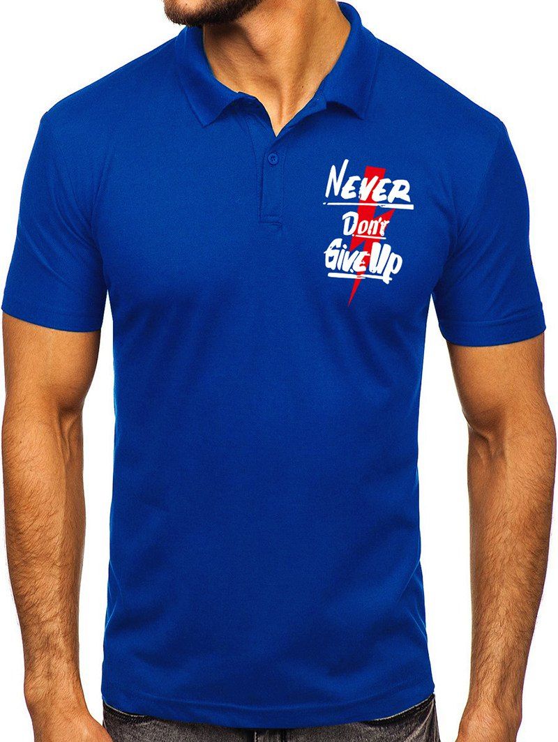 T-shirt à Imprimé Foudre et Slogan à Col Relevé - Bleu Océan L