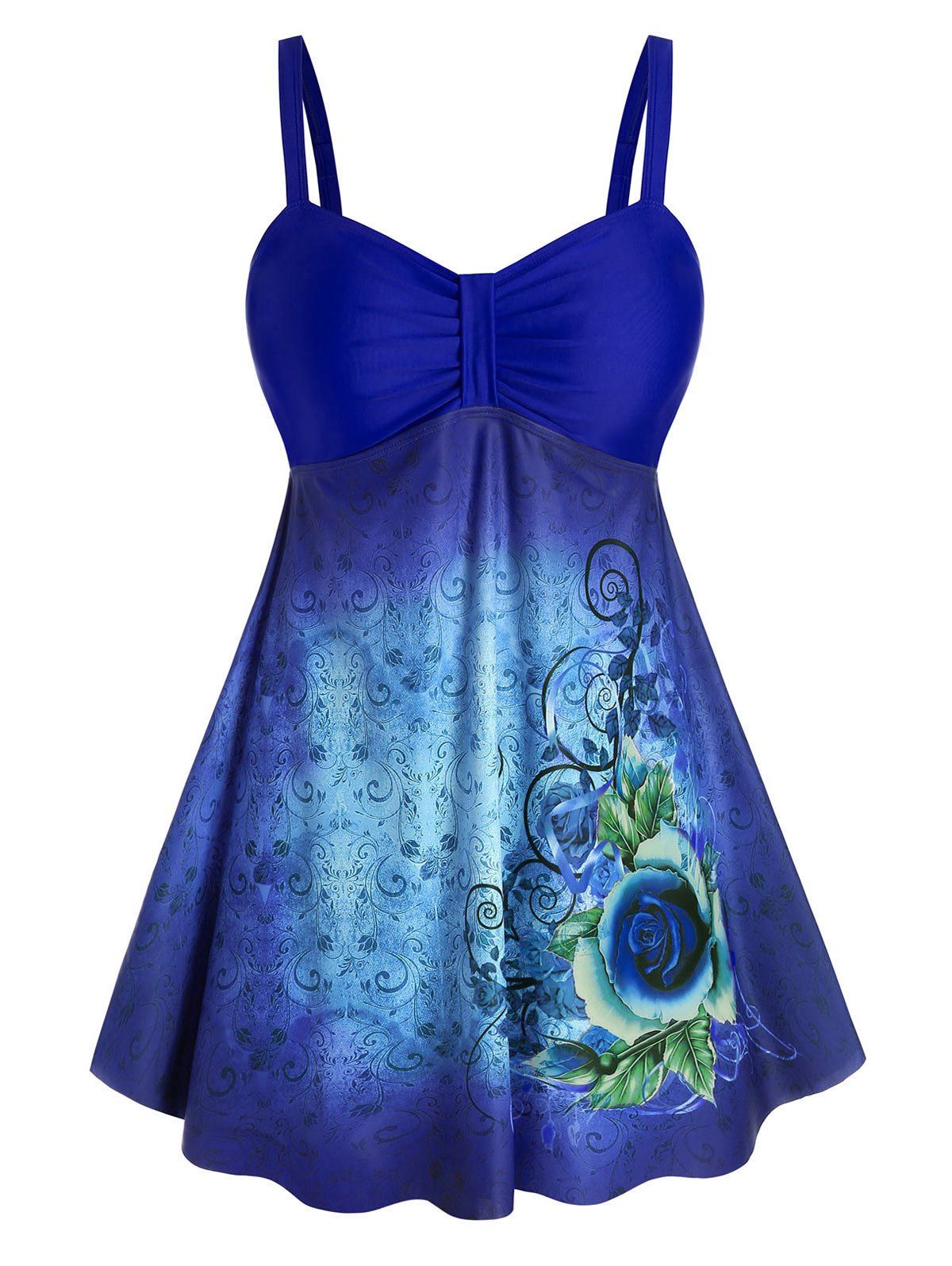 Plus Size Floral Tribal Print Empire Waist Tankini Swimwear - BLUEBERRY BLUE L