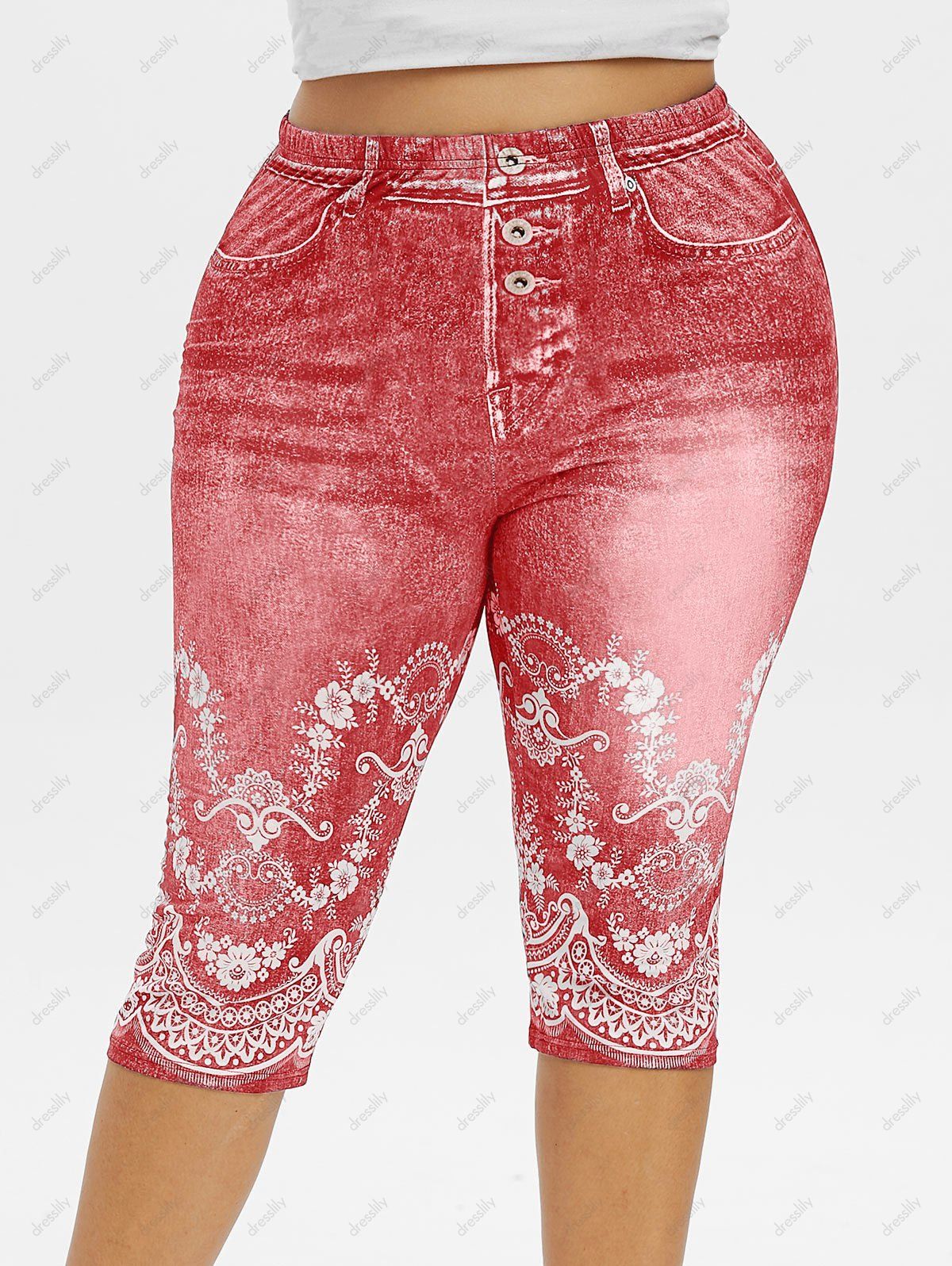 [25% OFF] 2021 Plus Size Cropped 3D Floral Print Jeggings In PINK ...
