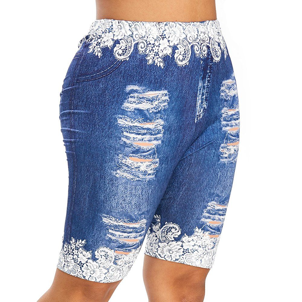 

Plus Size Floral Ripped Jeans Printed Fitted Leggings, Ocean blue