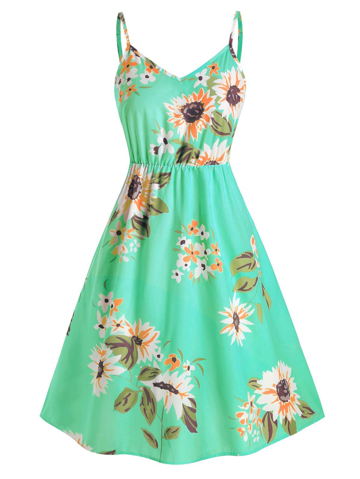 

Plus Size Sunflower Print Smocked Dress, Green