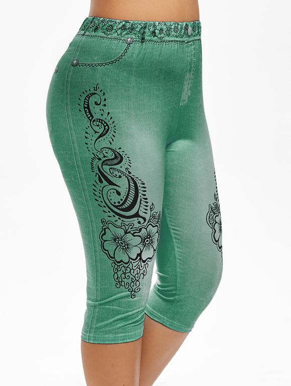 Legging Court 3D Fleur Imprimée à Coupe Haute de Grande Taille - Vert Tortue de Mer 5X