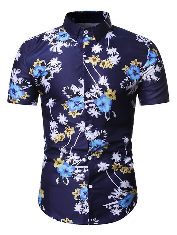 Chemise Hawaïenne Cocotier et Fleur Imprimés - Bleu Foncé Toile de Jean XL