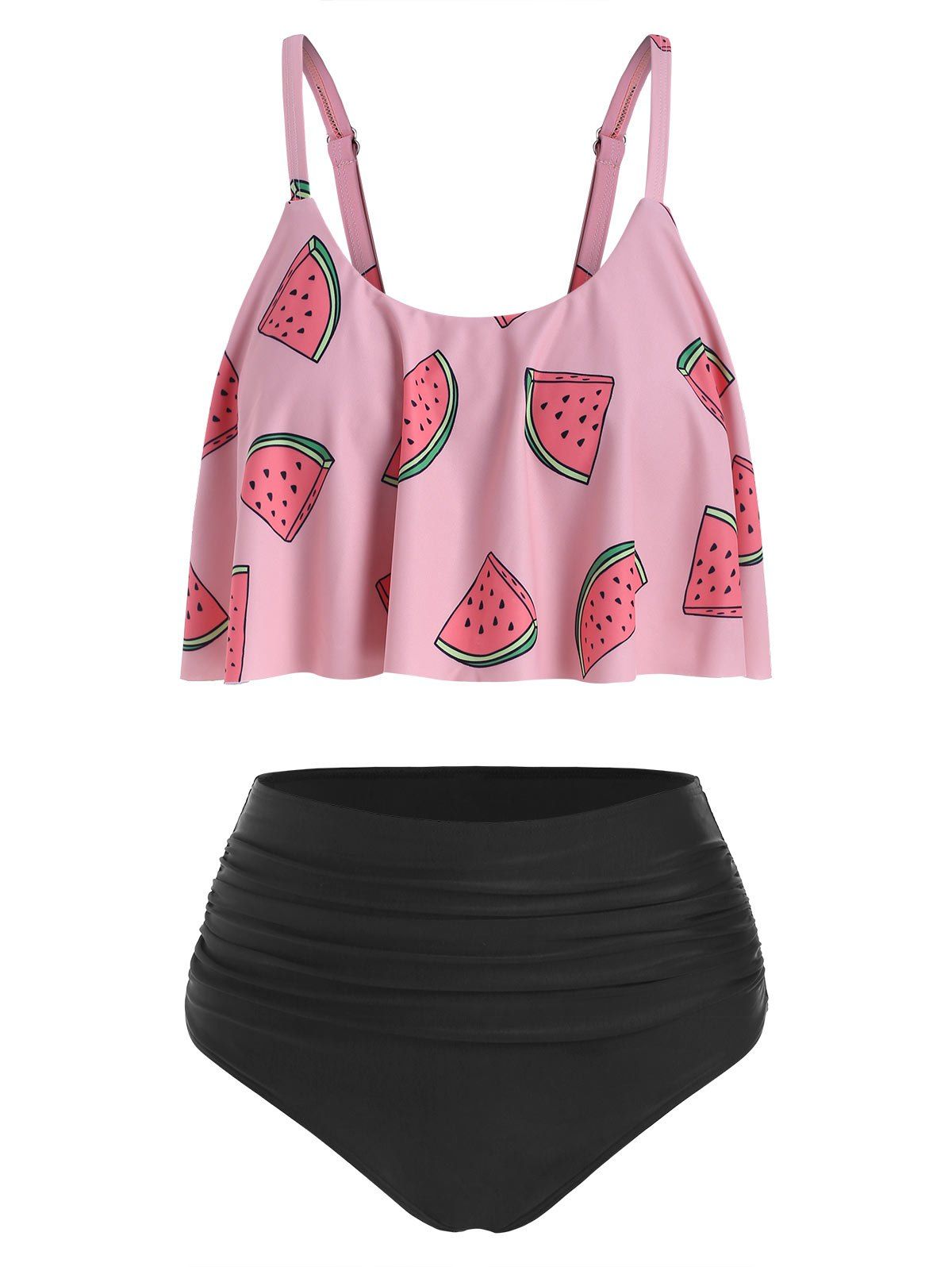 Watermelon Print Flounce Overlay Tummy Control Tankini Swimwear - DEEP PEACH S