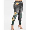 Legging 3D Tournesol Imprimé à Coupe Haute de Grande Taille - Noir 4X