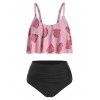 Watermelon Print Flounce Overlay Tummy Control Tankini Swimwear - DEEP PEACH S