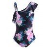 Maillot de Bain Fleuri de Grande Taille à Volants Une-Pièce - Noir 5X