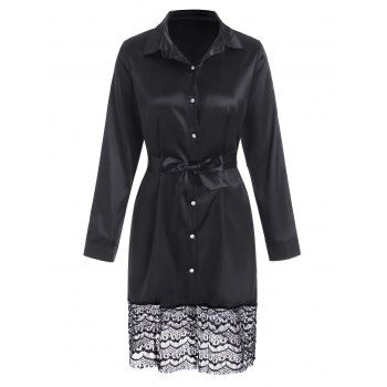 

Lace Panel Satin Sleep Shirt Dress, Black
