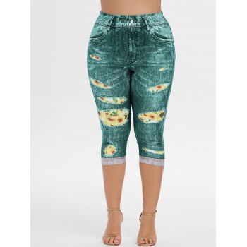 

3D Sunflower High Waisted Plus Size Capri Jeggings, Green