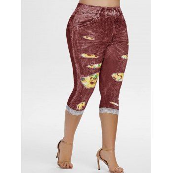 

3D Sunflower High Waisted Plus Size Capri Jeggings, Red wine