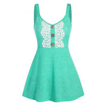 

Space Dye Lace Insert High Waist Buttons Fit And Flare Tank Top, Aquamarine