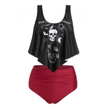 

Gothic Tankini Swimwear Tummy Control Swimsuit Skull Graphic Print Ruched High Waist Beach Bathing Suit, Black