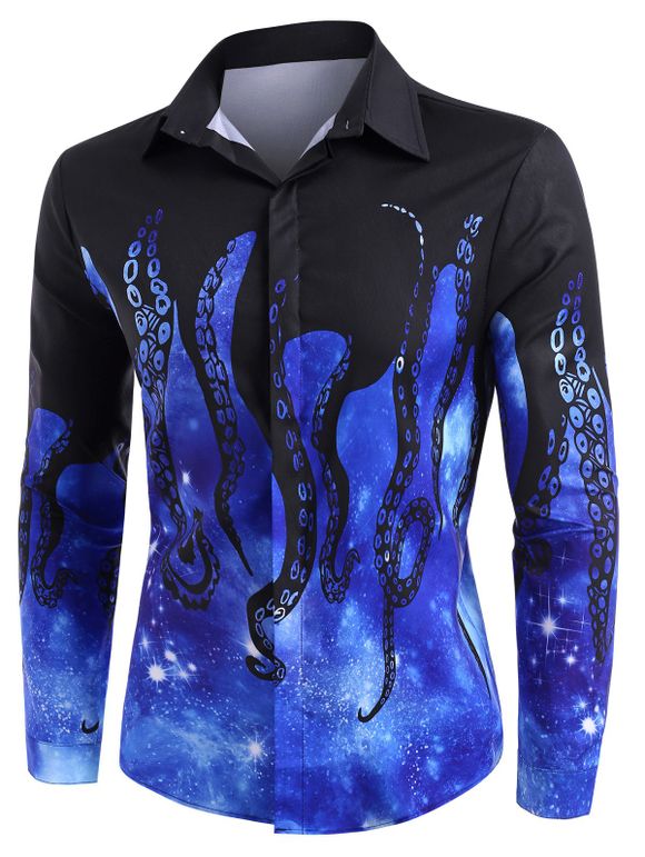 Galaxy Octopus Pattern Button Up Long Sleeve Shirt - multicolor A 2XL