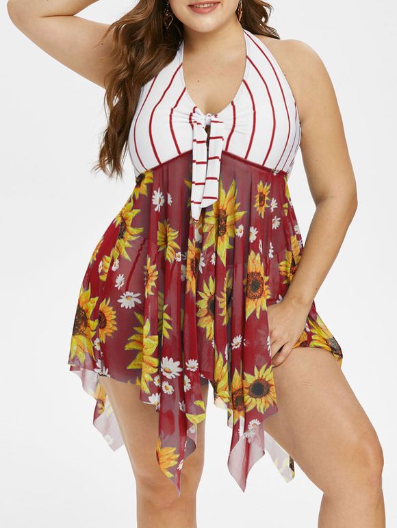 Plus Size Halter Sunflower Print Stripe Handkerchief Tankini Swimwear - RED WINE L