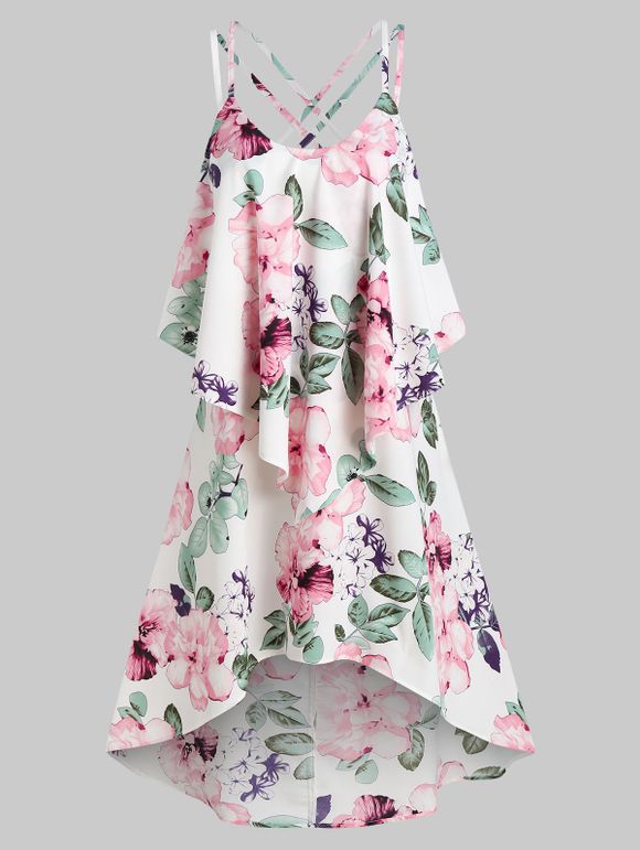 Floral Print Strappy Layered High Low Dress - WHITE XL