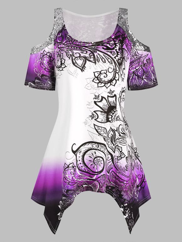 T-shirt Mouchoir Imprimé à Epaule Ouverte de Grande Taille à Paillettes - Violet 5X