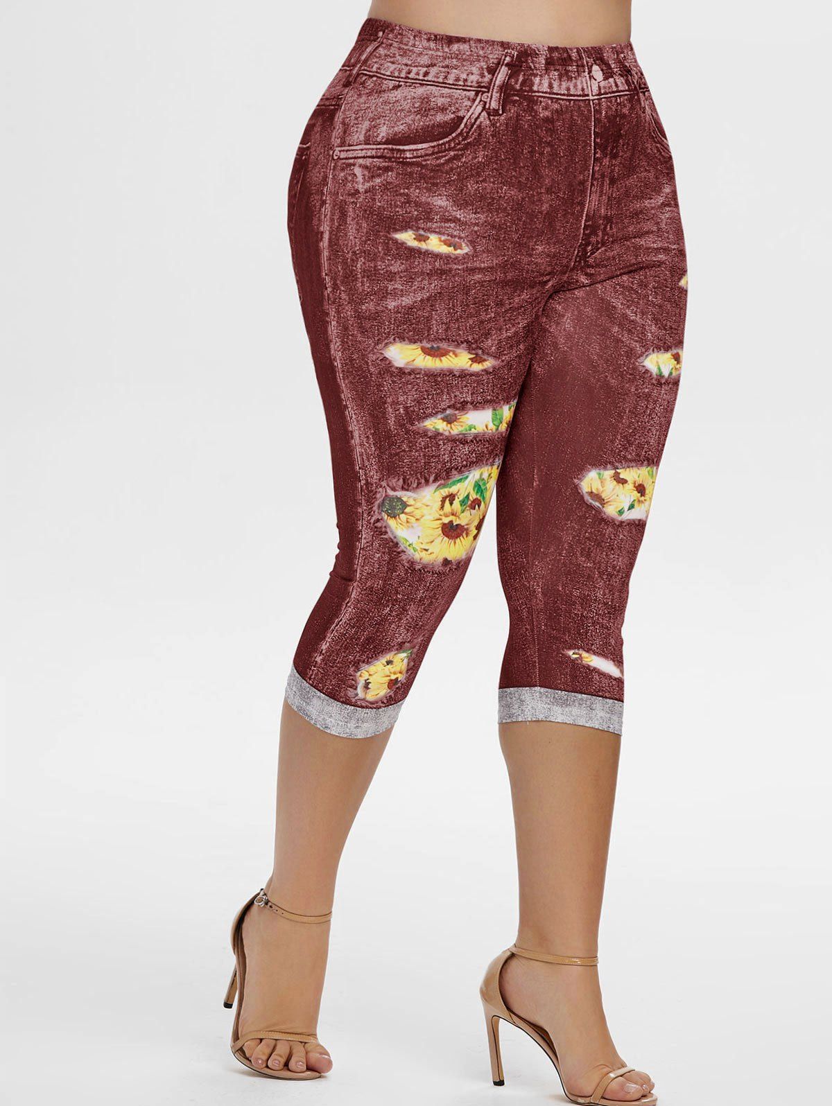 3D Sunflower High Waisted Plus Size Capri Jeggings - RED WINE 5X