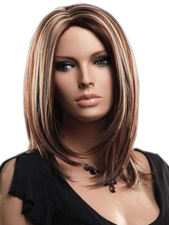 Side Part Straight Mixed Color Medium Synthetic Wig - COFFEE 